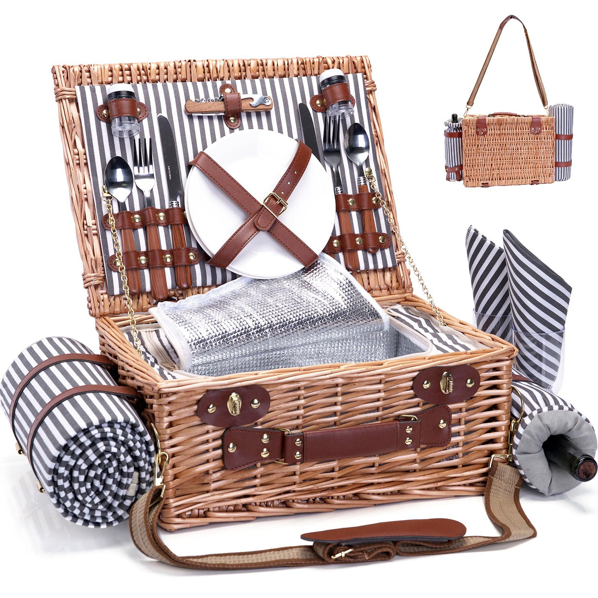 Picnic Basket with Blanket and Wine Pouch for 2 Wicker Picnic Set with Insulated Liner Cooler Bag Hamper for Camping,Wedding - Stripes SatisInside