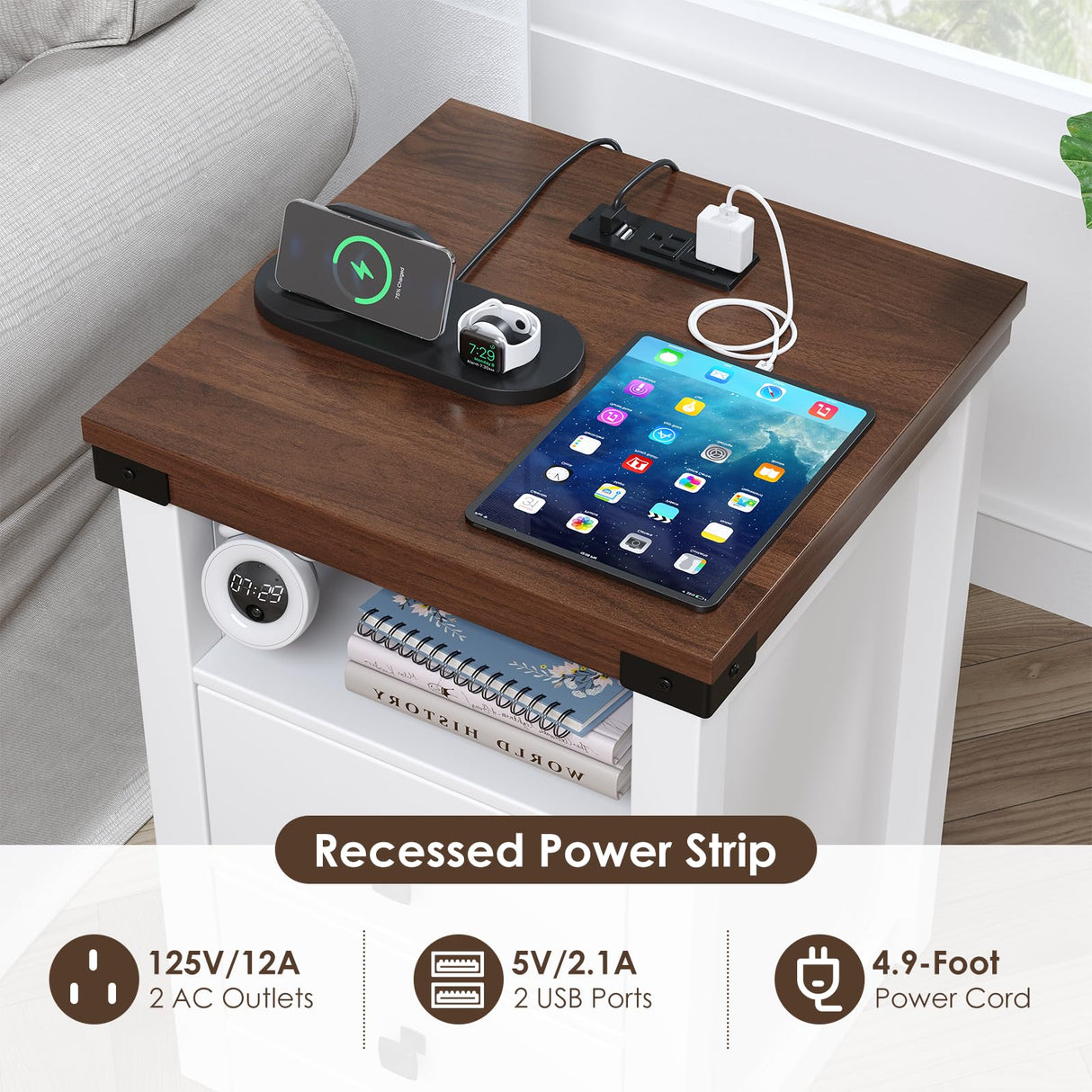 Airynee Nightstand with Charging Station, Farmhouse Nightstand with LED Lights, Modern Rustic Side Table with 2 Storage Drawers, Wooden End Table for Bedroom, Antique White Airynee