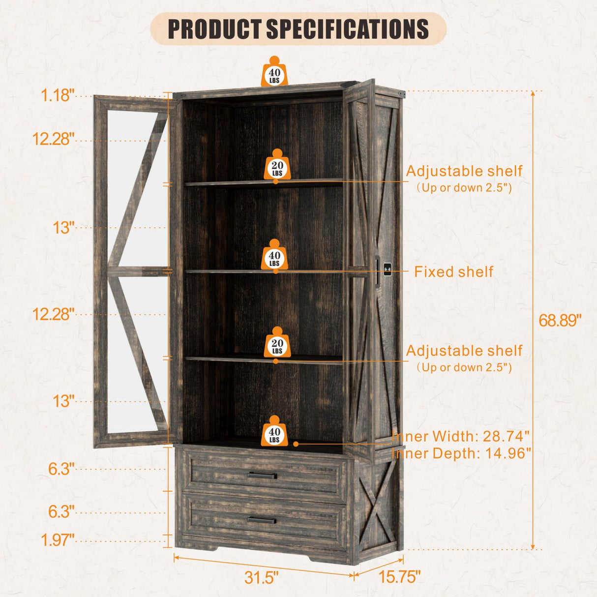 FREDEES Rustic Brown Farmhouse Storage Cabinet with Adjustable Shelves and LED Display FREDEES