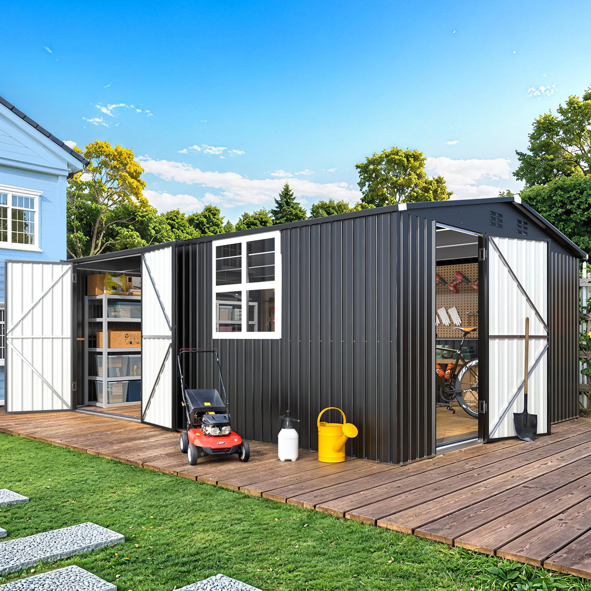 AECOJOY 16' x 12' Outdoor Storage Shed, Large Metal Sheds & Outdoor Storage Clearance 12x16 with Windows, Steel Backyard Shed, Utility Tool Storage for Garden, Patio, Outside use in Dark Grey AECOJOY