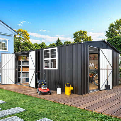 AECOJOY 16' x 12' Outdoor Storage Shed, Large Metal Sheds & Outdoor Storage Clearance 12x16 with Windows, Steel Backyard Shed, Utility Tool Storage for Garden, Patio, Outside use in Dark Grey