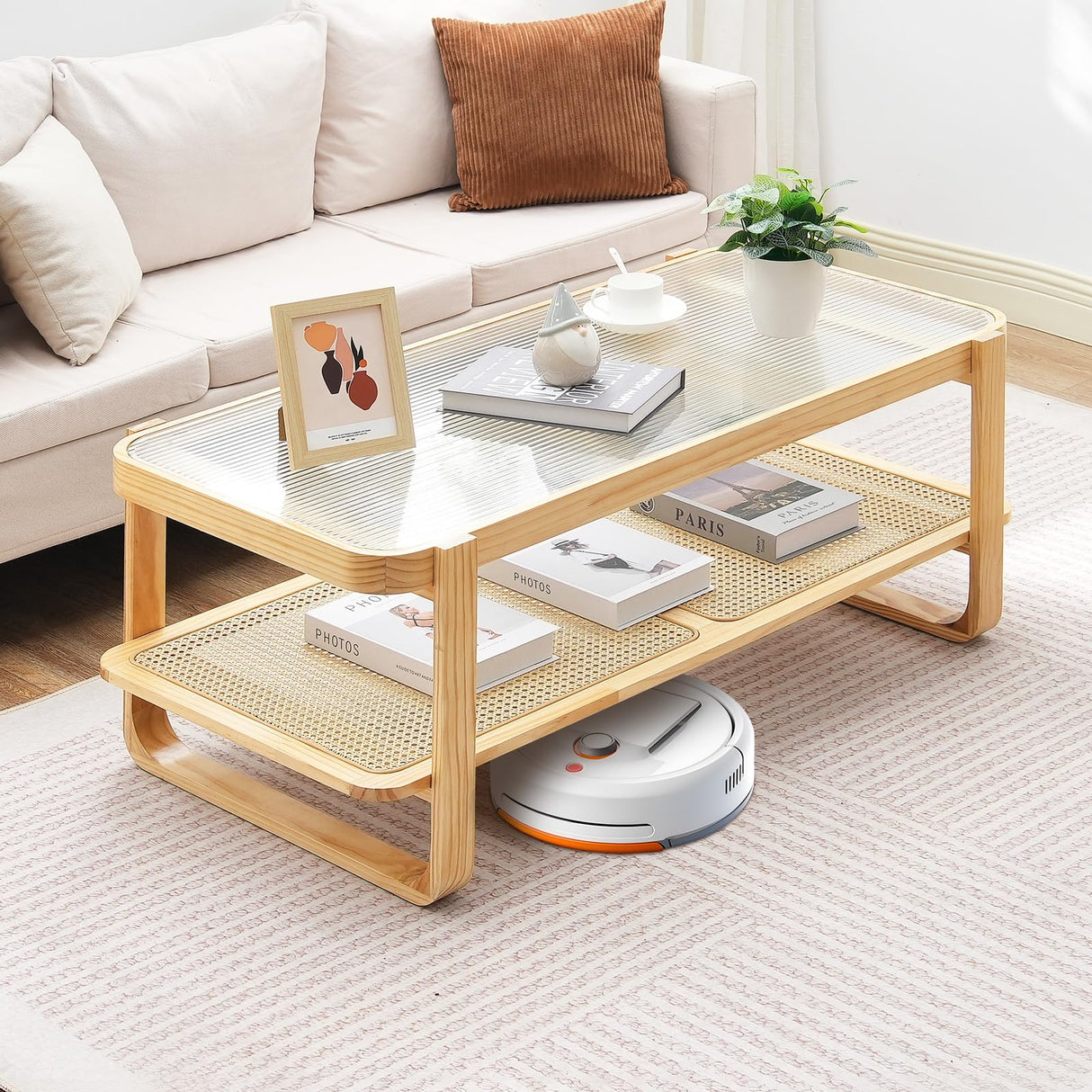 VEVOR Rattan Coffee Table, Rectangle Rattan Woven Wood Coffee Table with Tempered Glass Top, 45-Inch Modern Boho Storage Coffee Table with Natural Wood Legs, for Living Room, Bedroom & Small Spaces VEVOR