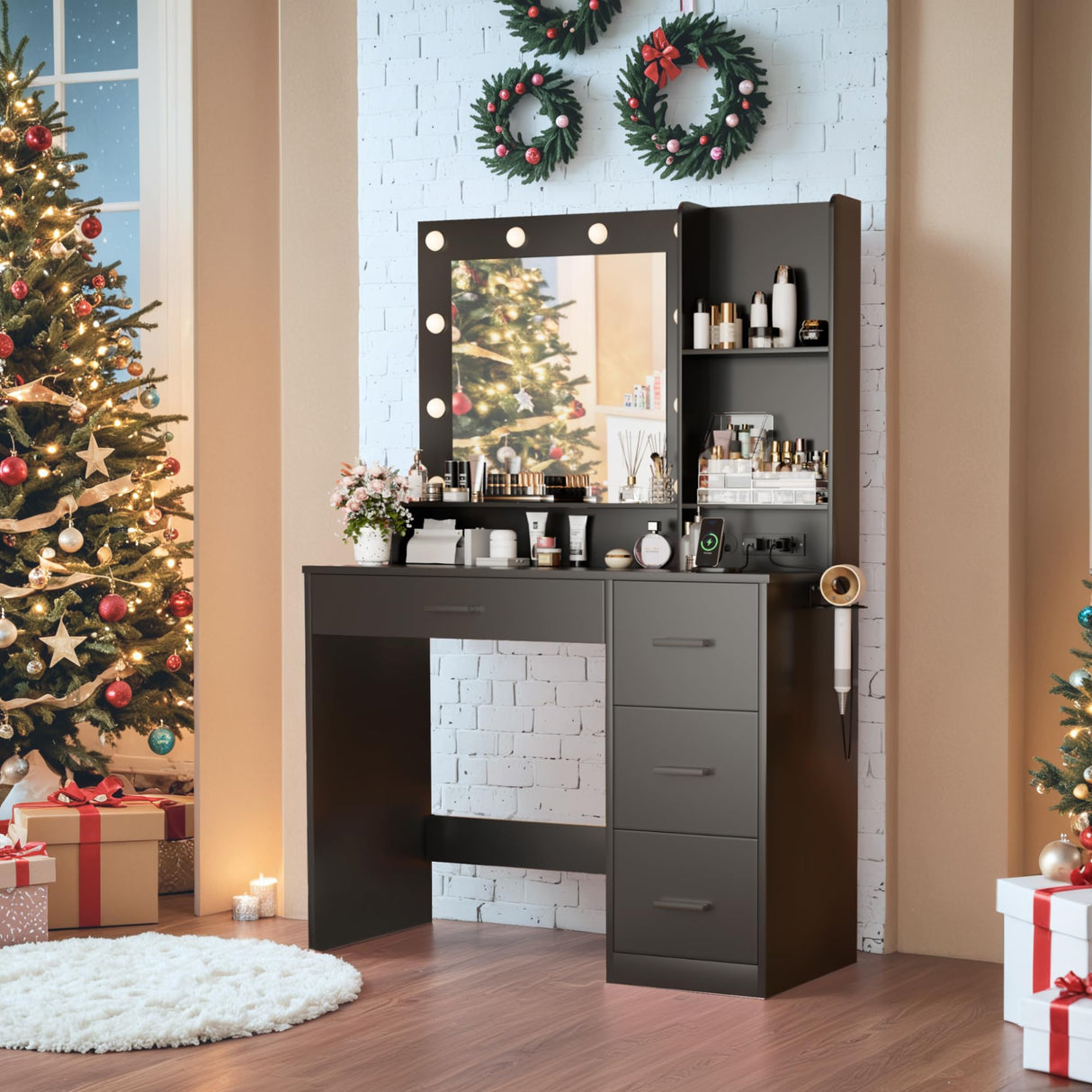 Furmax Vanity Desk with LED Lighted Mirror&Power Outlet, 39.3’’ Makeup Vanity Table with 4 Drawers and 3 Storage Shelves, Adjustable 3 Lighting Colorfor Bedroom&Dressing Room (Black) Furmax