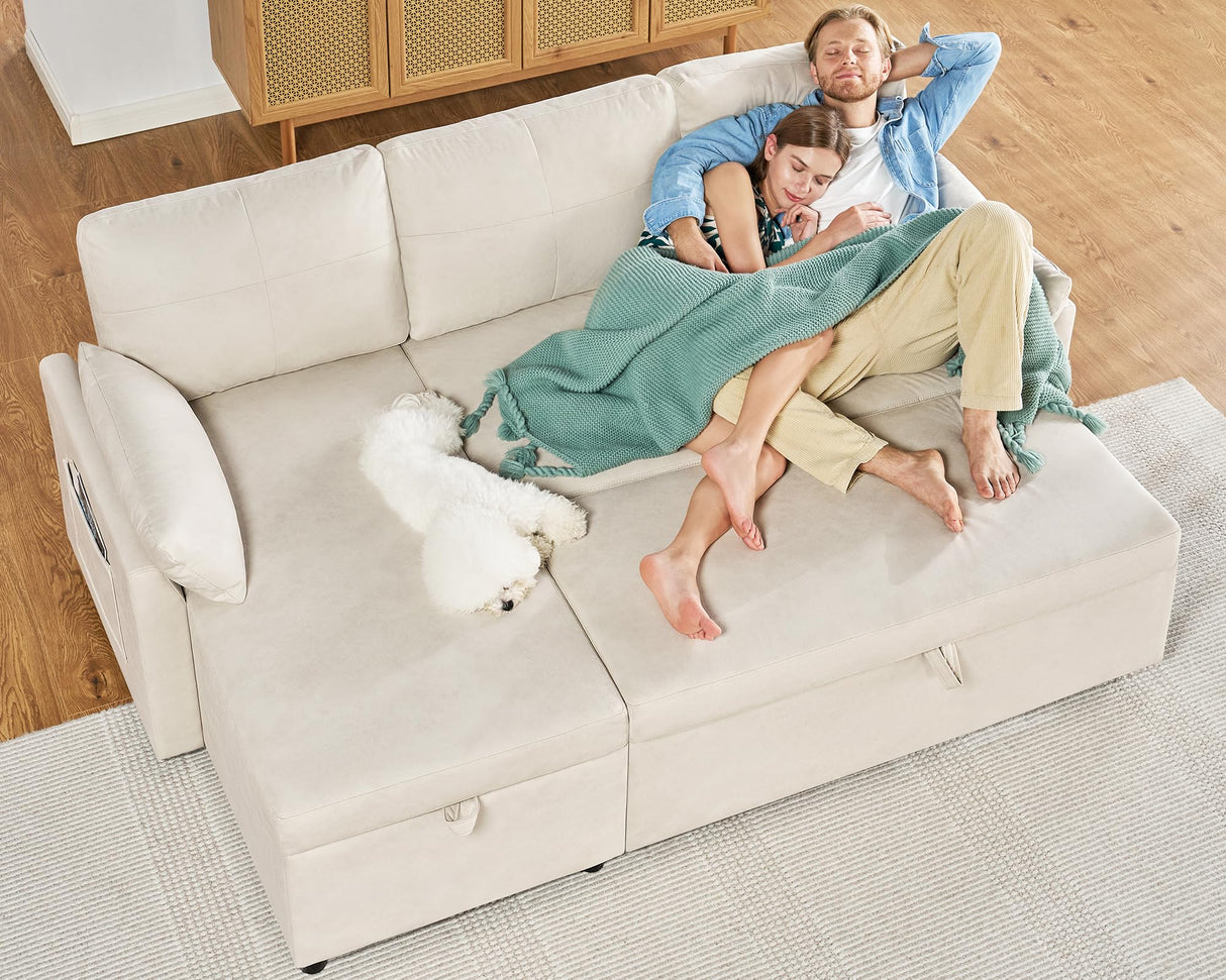 VanAcc Sleeper Sofa, Sofa Bed- 2 in 1 Pull Out Couch Bed with Storage Chaise, Sofa Sleeper Couch for Living Room, Off-White Leathaire Sofa VanAcc