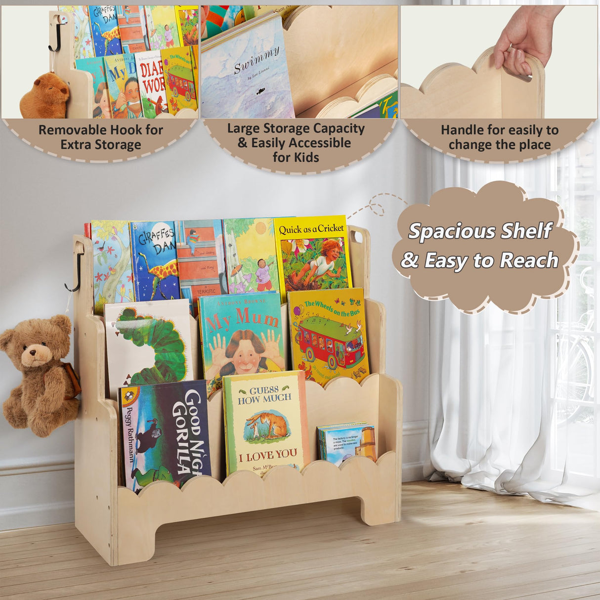 Tohiasen Kids Bookshelf Wooden 3-Tier, Scalloped Book Shelf for Kids Rooms, Front Facing Toddler Montessori Bookshelf, Baby Nursery Book Shelves Kids Classroom Bookshelf Bookcase Tohiasen
