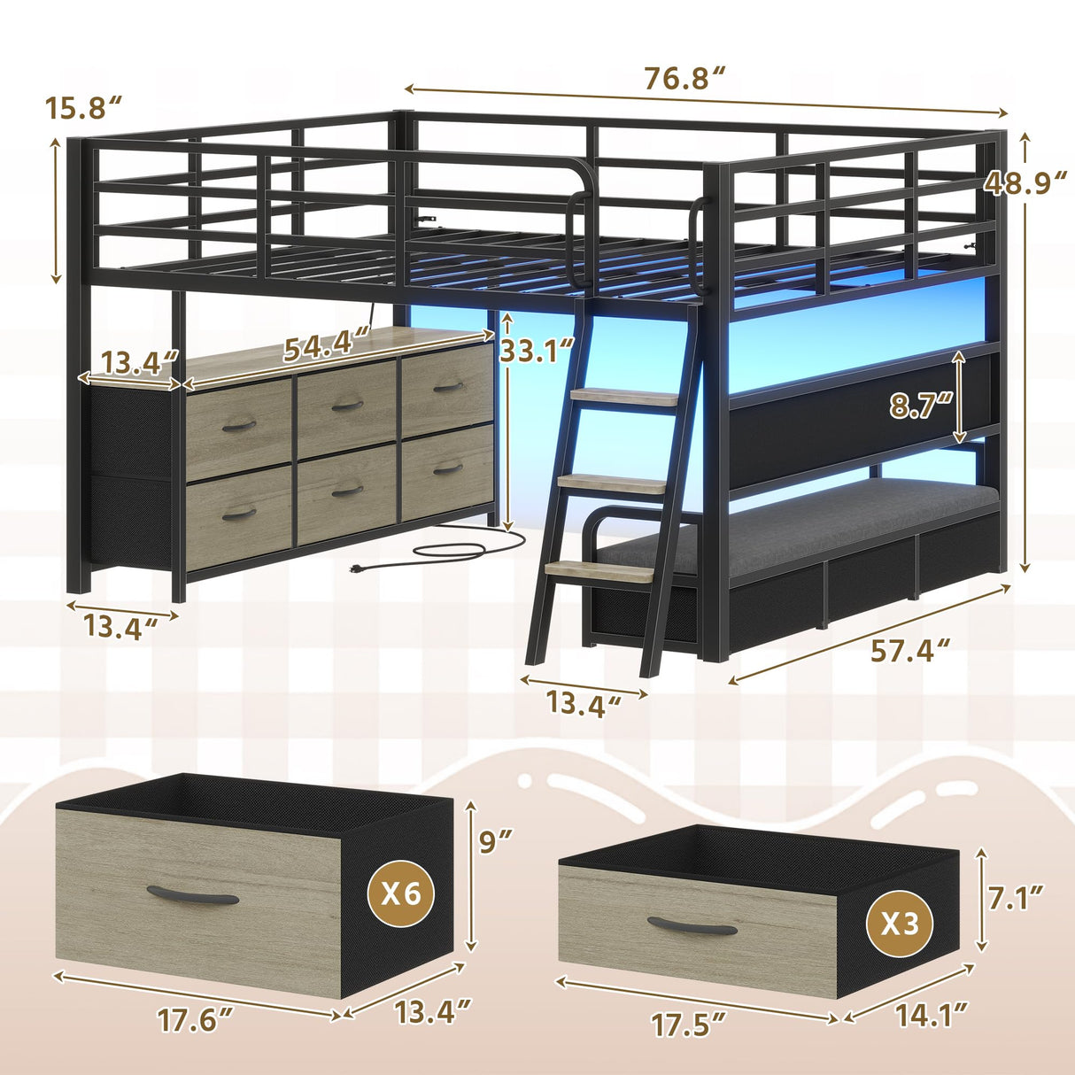 busyaeh Low Loft Bed Full Size,Full Loft Bed for Kids with 9 Storage Drawers & 15.8" H Safety Guardrail & Inclined Ladder & Safety Handrail & LED Lights and Charging Station,Toddler Loft Beds,Oak Gray busyaeh