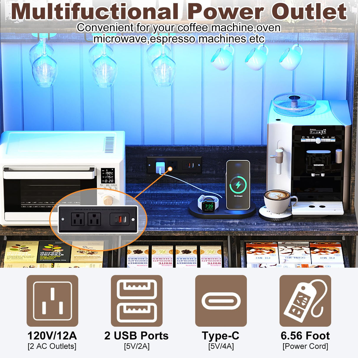 72" Coffee Bar Cabinet w/Power Outlet,LED Lights,Farmhouse Large Kitchen Hutch w/Sliding Barn Door,Tall Bar Cabinets w/4 Drawers & Wine Glass Rack,Pantry China Cabinet for Home,Dark Rustic Oak chartustriable