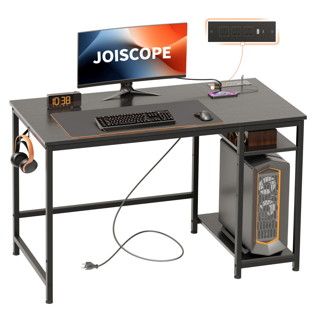 JOISCOPE Computer Desk with USB & Type-C Outlet, Small Home Office Desk with 2-Tier Storage Shelves, Modern Gaming Desktop Workstation, 48 inches, Black JOISCOPE