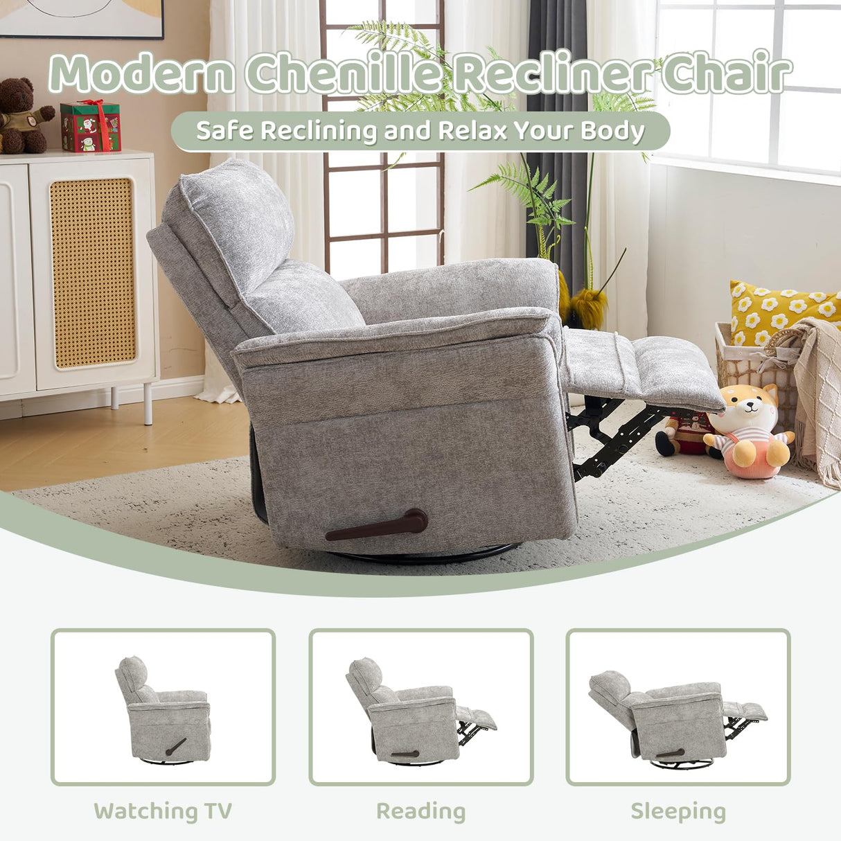 Oversized Rocking Chair Nursery with Adjustable Headrest, 26" Extra Wide Glider Recliner Nursery Chair for Nursery, 360° Swivel Rocker Recliner with Overstuffed Armrest, Light Grey RUTOX
