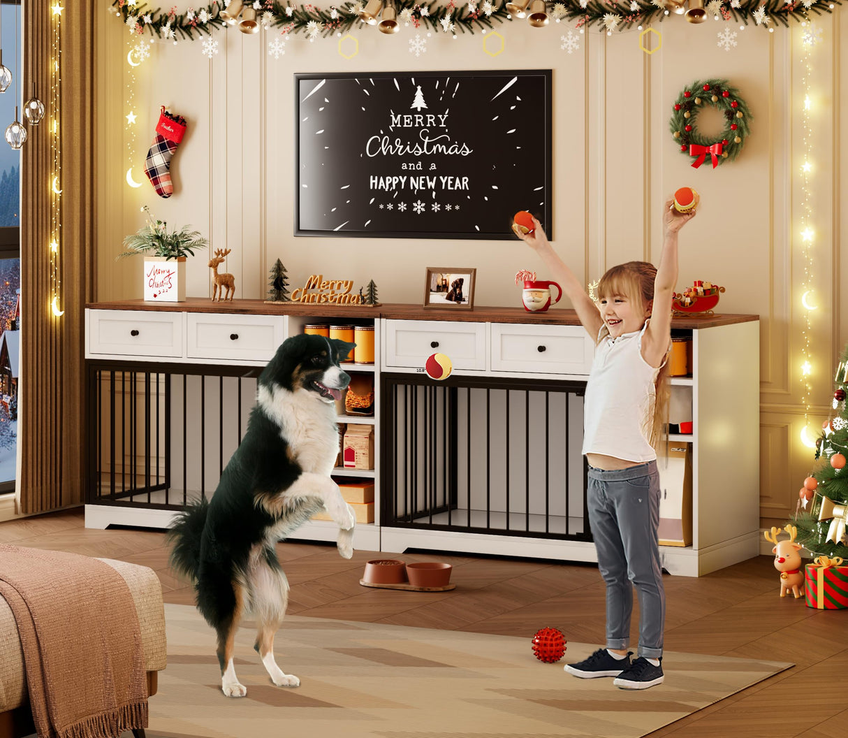 Dog Crate Furniture 47”, Large Dog Crate TV Stand with 2 Drawers and 4 Shelves, Wooden Dog Kennel Indoor, Decorative Dog Cage with Storage for Large Dogs, White GarveeHome