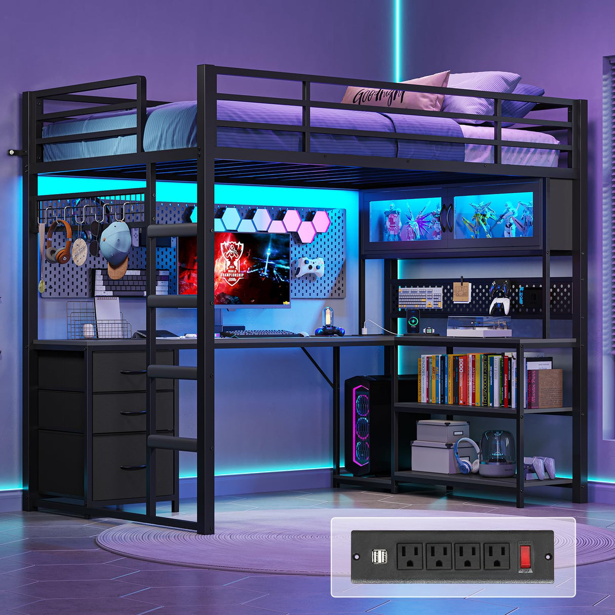 ADORNEVE Twin Size Loft Bed with L-Shaped Gaming Desk, Storage Drawers & Hutch, Expanded Safety Power Outlet, Metal Loft Bed Frame with RGB Lights, Space Saving for Teens, Black ADORNEVE