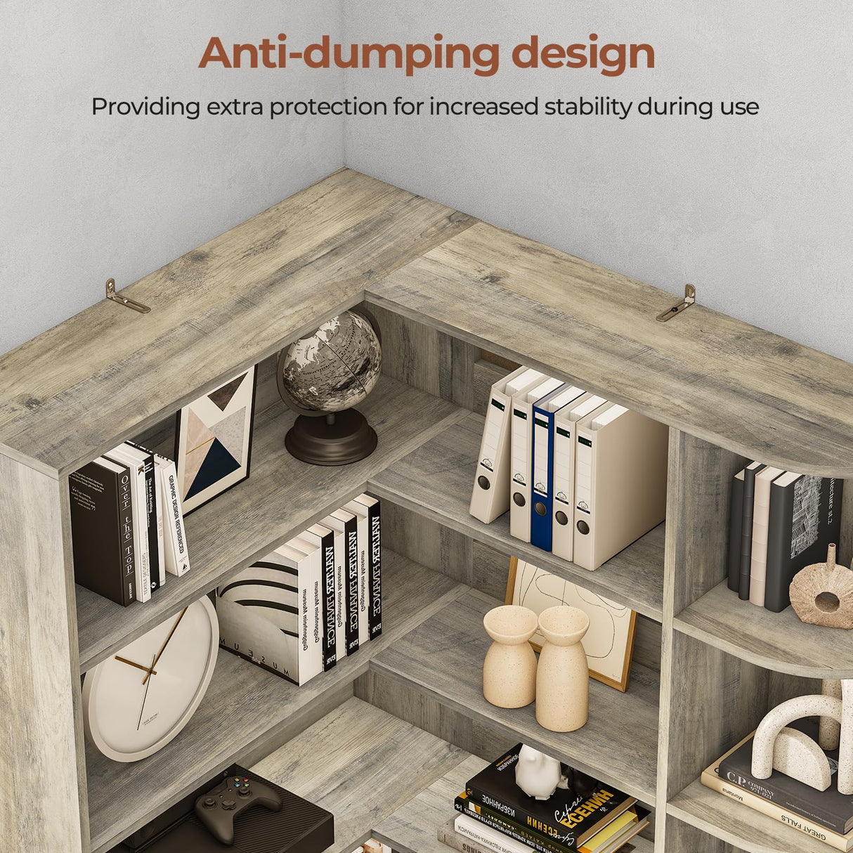 UPOSOJA 7-Shelf Farmhouse Corner Bookshelf with Lockers & Drawers, 71" L-Shaped Large Storage Shelf Display Rack for Bedroom, Living Room, Home Office (Gray) UPOSOJA