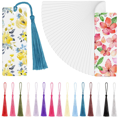 Fumete 30 Pieces Sublimation Blank Bookmark Heat Transfer Metal Aluminum DIY Bookmark with Hole and Colorful Tassels for Crafts, Birthday Wedding, Sublimation Blank Keychains, Single Sided Printing