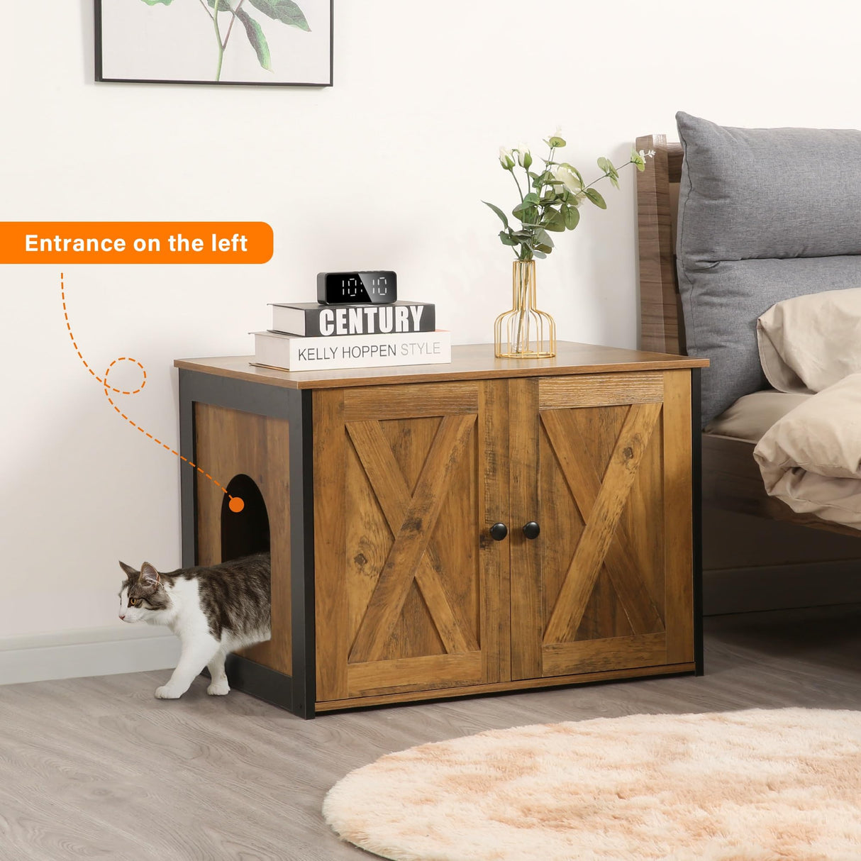 DWANTON Litter Box Enclosure, Cat Litter Box Furniture Hidden, Reversible Entrance Can Be on Left or Right Side, Wooden Cat Washroom Indoor, Warm Brown, 27.6 Inches Dwanton