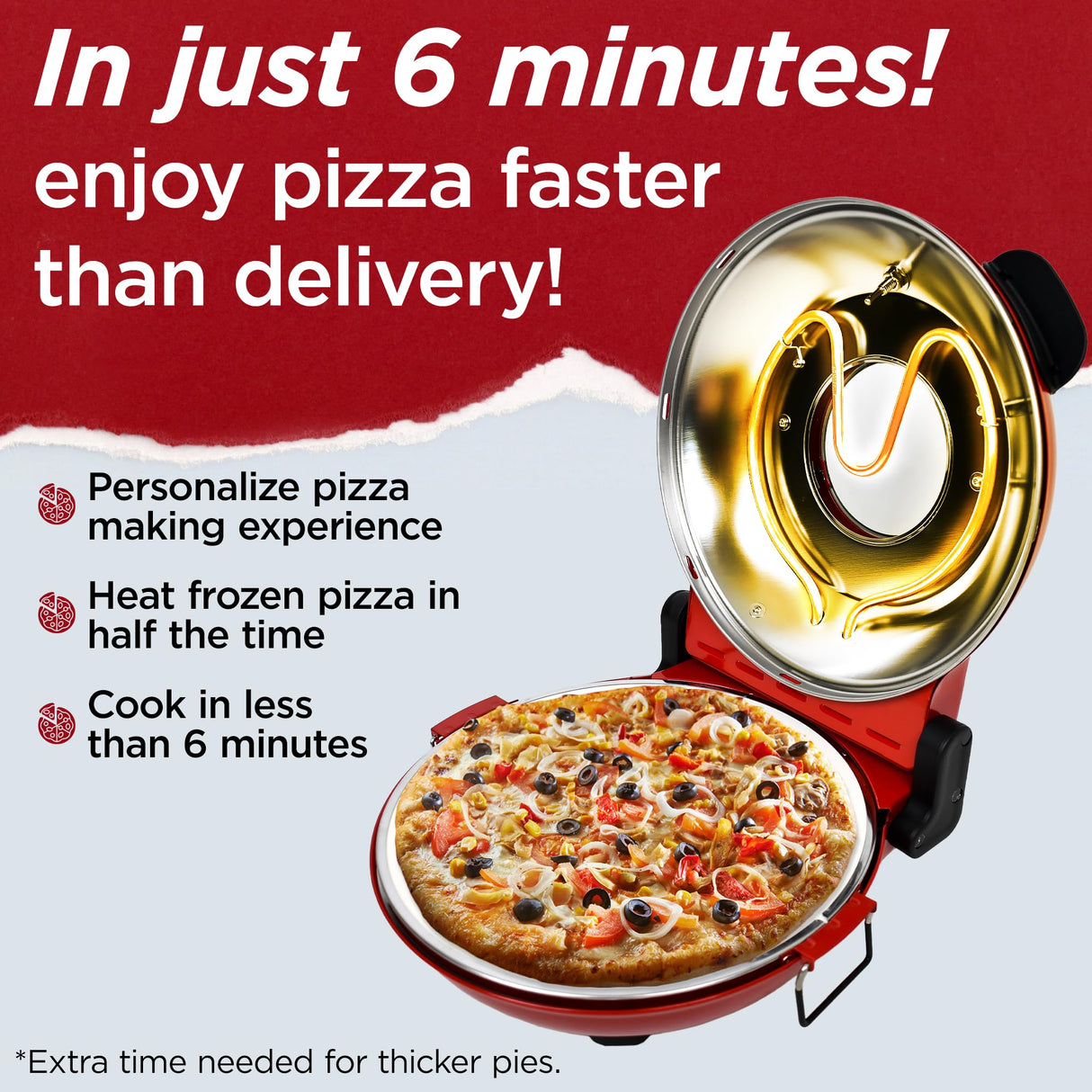 CULINARY CHEF Electric Pizza Oven with Ceramic Stone, Viewing Window, Adjustable Heat Control, Timer and 1200W Baking Power, DIY Homemade Pizzeria, Large 12” Pie Capacity (Red) CULINARY CHEF