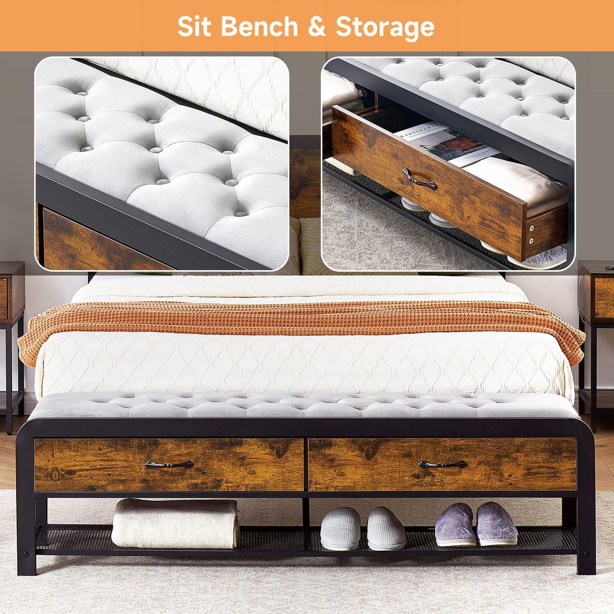 SLEKVERSA Queen Bed Frame with Headboard and Storage Ottoman, Farmhouse Platform Bed Frame Queen Size with Sturdy Metal Slats, No Box Spring Needed, Noise Free, Easy Assembly SLEKVERSA