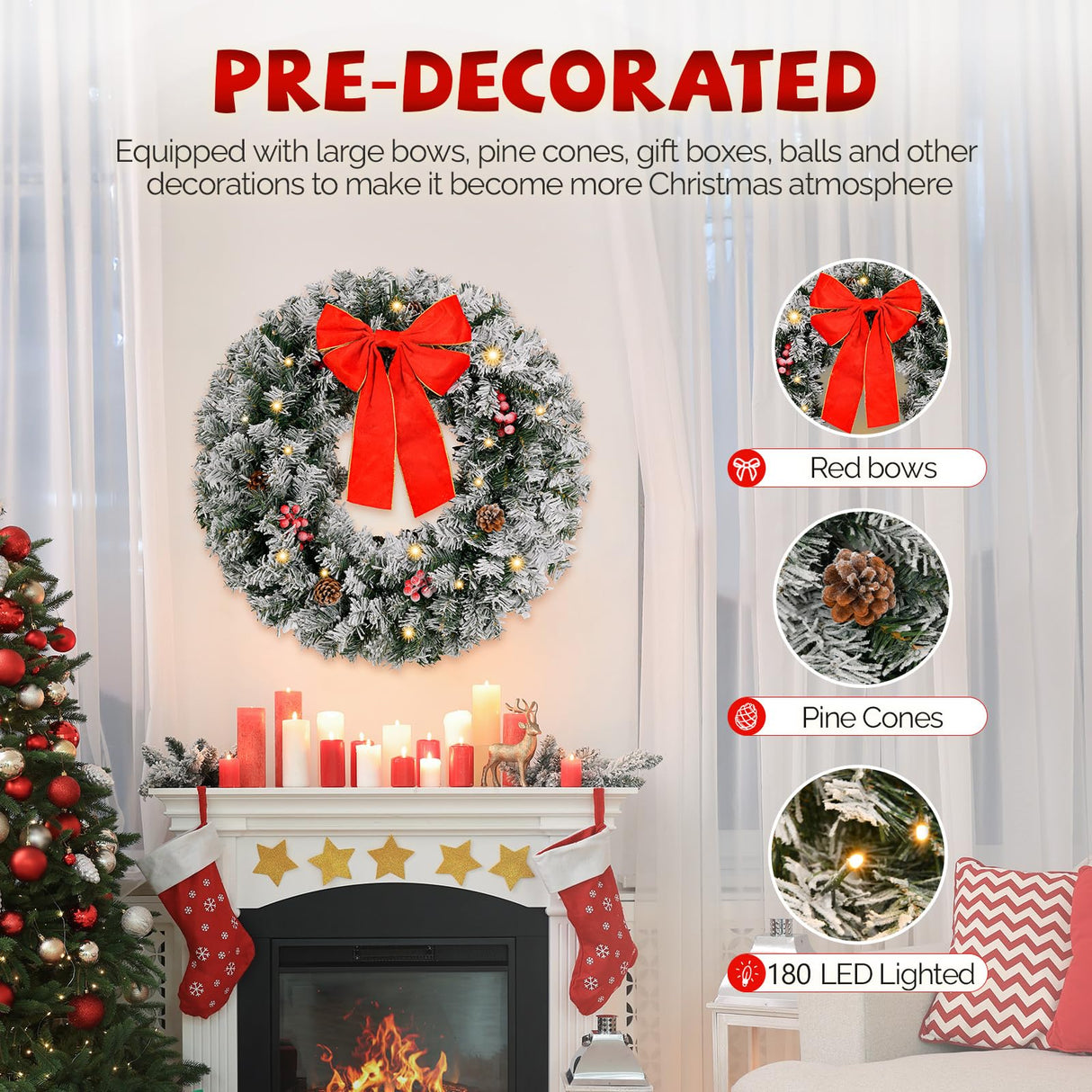 VINGLI 36 Inch Prelit Christmas Wreath, Artificial Christmas Wreath for Front Door, Window, Fireplaces, Indoor Decorate, with 100 LED Lights, 300 Forested Branches (Plug-in) VINGLI