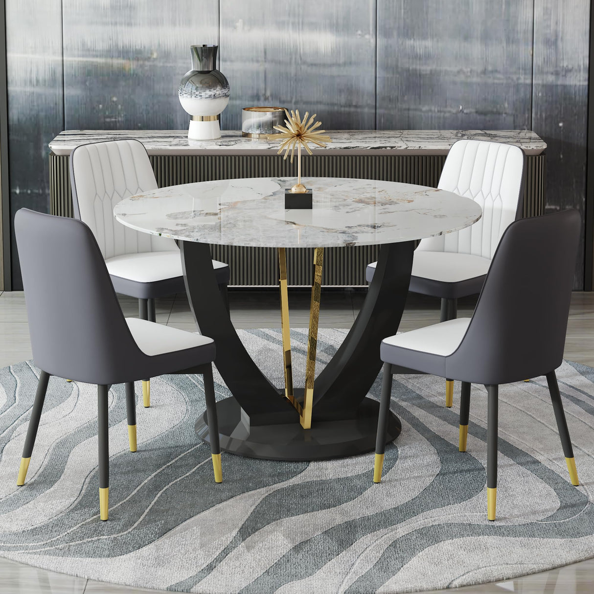JUFU Round Dining Table Set for 4, 48" Dining Room Table with Faux Marble Tabletop and 4 Upholstered Chairs,Modern Round Kitchen Table Chairs Set for Dinning Room, Living Room, Cafe, Restaurant JUFU