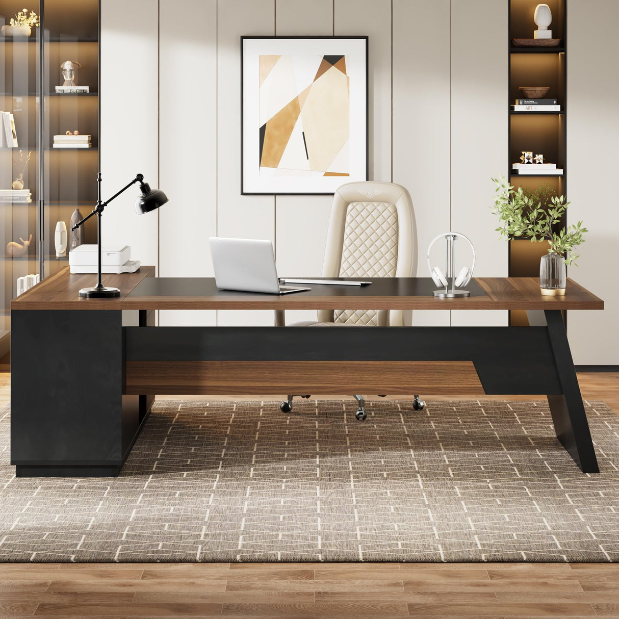 Tribesigns 78" L-Shaped Executive Office Desk, Large Modern Computer Desk with Drawers and Lateral File Cabinet, Business Furniture with Storage Shelves (Light Walnut + Black) Tribesigns
