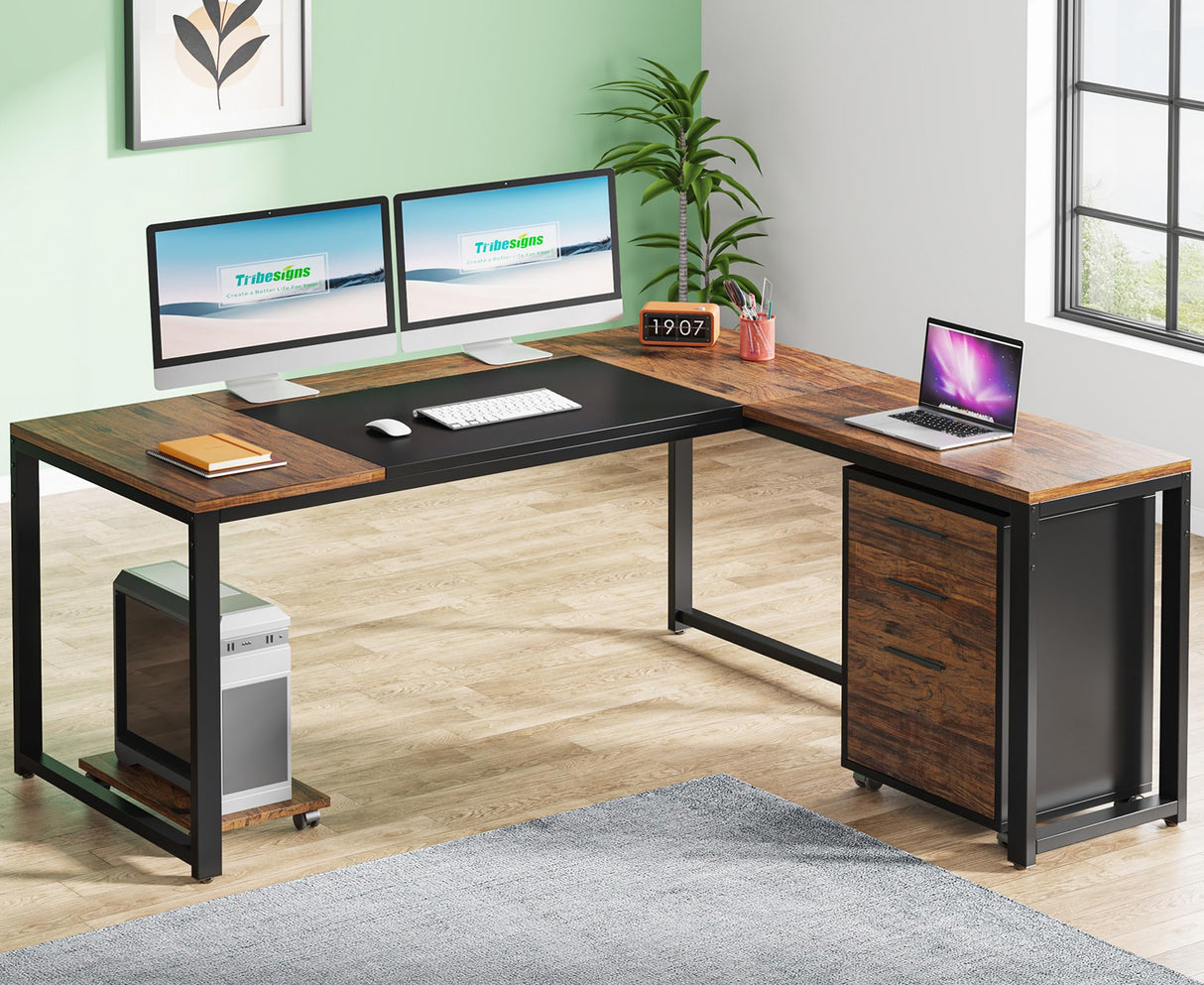 Tribesigns 63" L-Shaped Computer Desk with Mobile File Cabinet, Large Executive Office Desk with 3-Drawer Vertical Filing Cabinet, Business Furniture Sets for Home Office Tribesigns