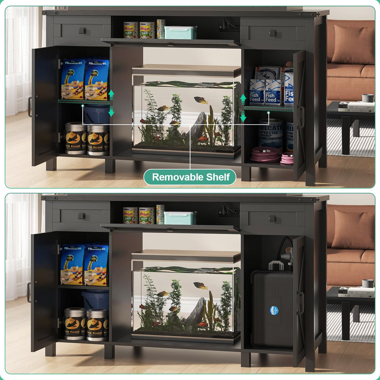 Saudism 55-75 Gallon Aquarium Stand With Charging Station, Farmhouse Fish Tank Stand, Reptile Tank Stand Terrarium Stand with Drawer and Cabinet Storage, Sturdy Heavy Duty 53.5"×19.7" Tabletop - Black Saudism