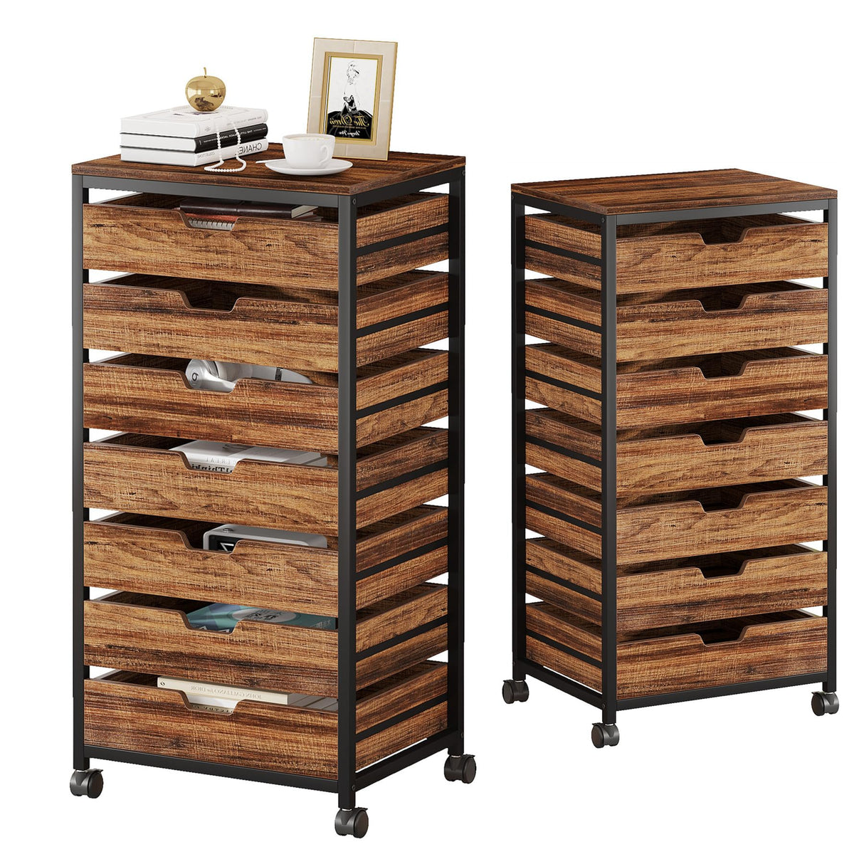 Tribesigns 7 Drawer Chest, Wood Storage Dresser Cabinet with Wheels, Industrial Storage Drawer Organizer Cart for Office Bedroom Entryway (Rustic Brown, 2 PC) Tribesigns