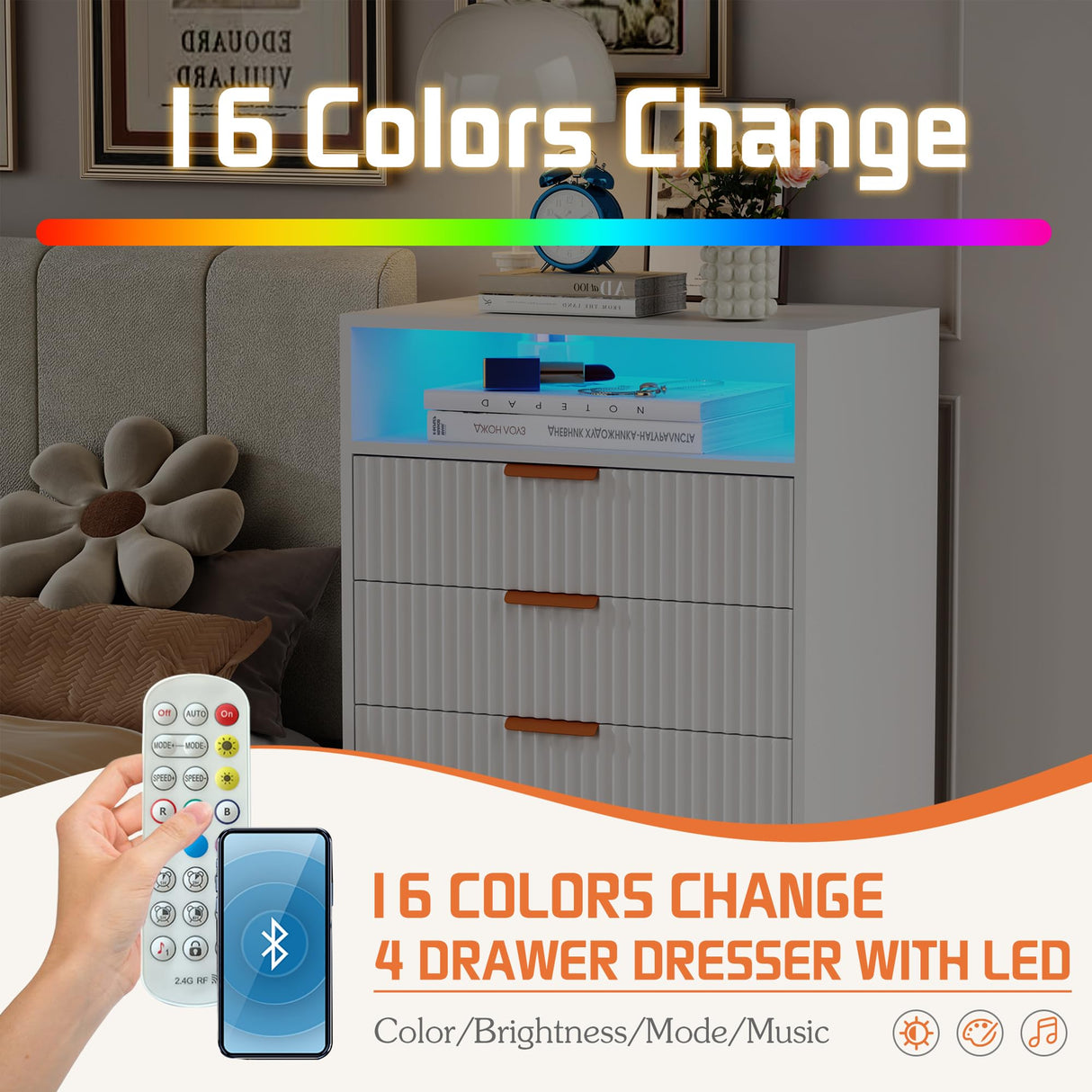 Apeaka 4 Drawer Dresser with LED Light, Wood White Dresser for Bedroom Modern Chest of Drawers 38" Tall Nightstand Bedside Table with Shelf Apeaka