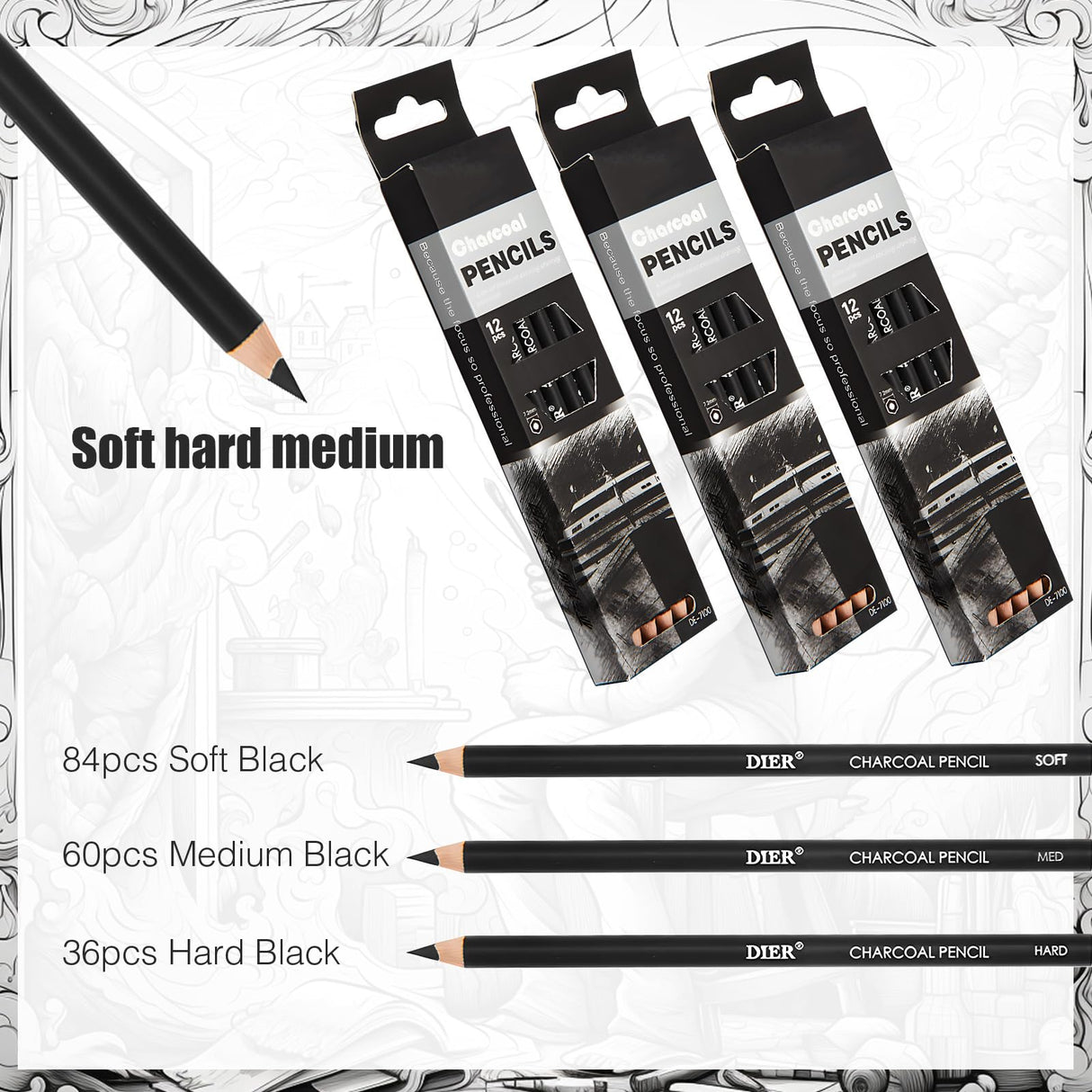 Geyoga 180 Pcs Professional Charcoal Pencils Drawing Set Soft Medium and Hard Charcoal Sketch Drawing Pencils for Beginners Artists Shading Sketching Geyoga