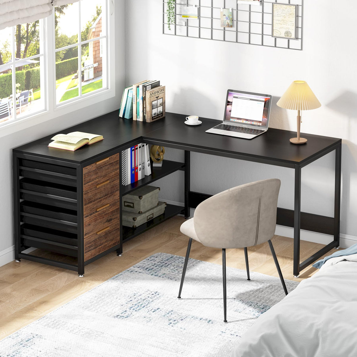 Tribesigns L Shaped Computer Desk with Storage Drawers, 59 inch Corner Desk with Shelves, Reversible L-Shaped Office Desk Study Writing Table Workstation for Home Office, Black Tribesigns