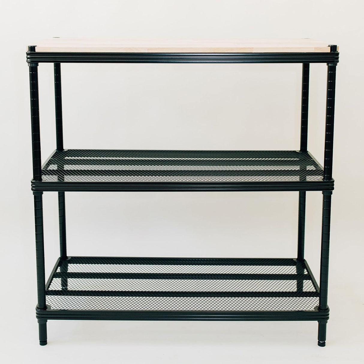 Design Ideas MeshWorks Stainless Metal Mesh Storage Wood Top Workbench Shelving Unit Rack for Garage and Kitchen Storage, Black Design Ideas