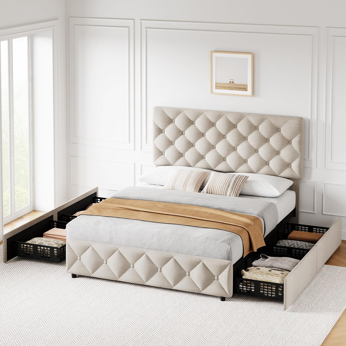 SLEKVERSA Queen Size Bed Frame with 4 Drawers and Headboard, Tufted Design, Linen Upholstered Platform Bed Frame, Wooden Slat, No Box Spring Need, Beige SLEKVERSA