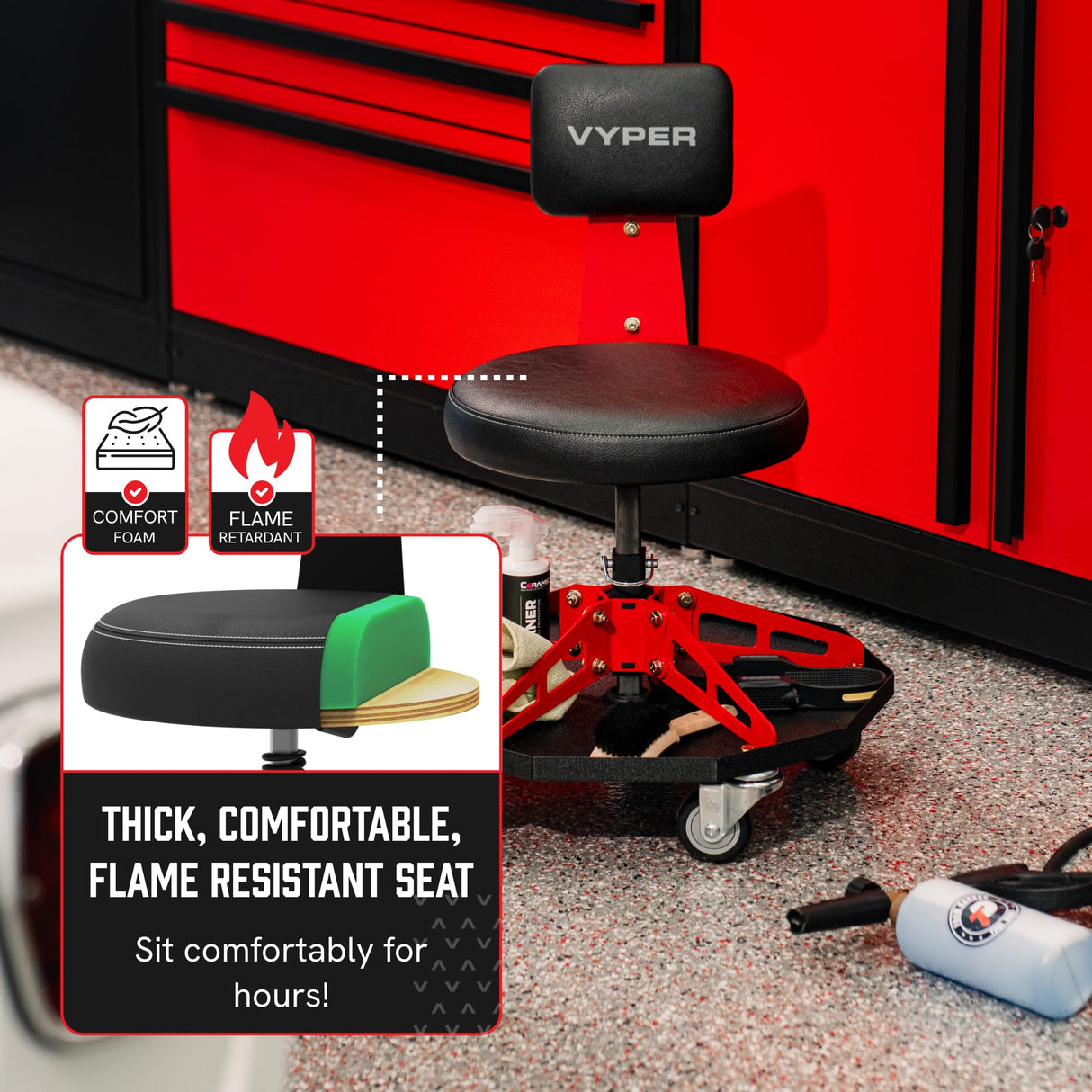 Vyper Robust Steel Sport Shop Chair for Mechanics, Automotive, DIY - 300 lb Capacity Garage Stool with Backrest and Large Wheels, Shop Stool (Black Seat, Blue Frame) Vyper Industrial