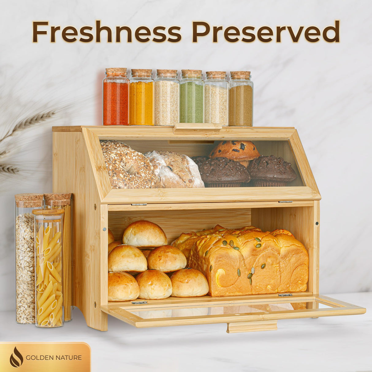 Golden Nature Double Layer Bamboo Bread Box for Kitchen Countertop, Large Wooden Storage Box W/Clear Display Windows, Food Keeper for Muffins, Bagels & Cookies Golden Nature
