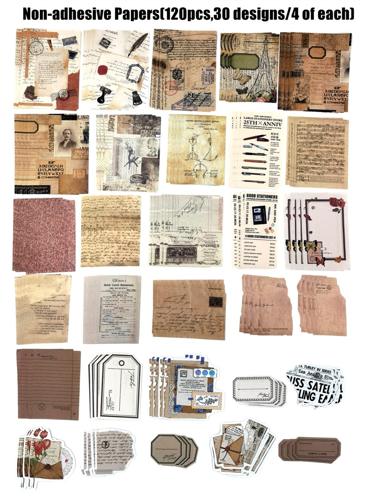 260PCS Vintage Journaling Scrapbooking Supplies Scrapbook Sticker Paper Ephemera Pack for Bullet Junk Journal Planners Collage Craft Notebooks Album (Pen Ink and Letter) Esweny
