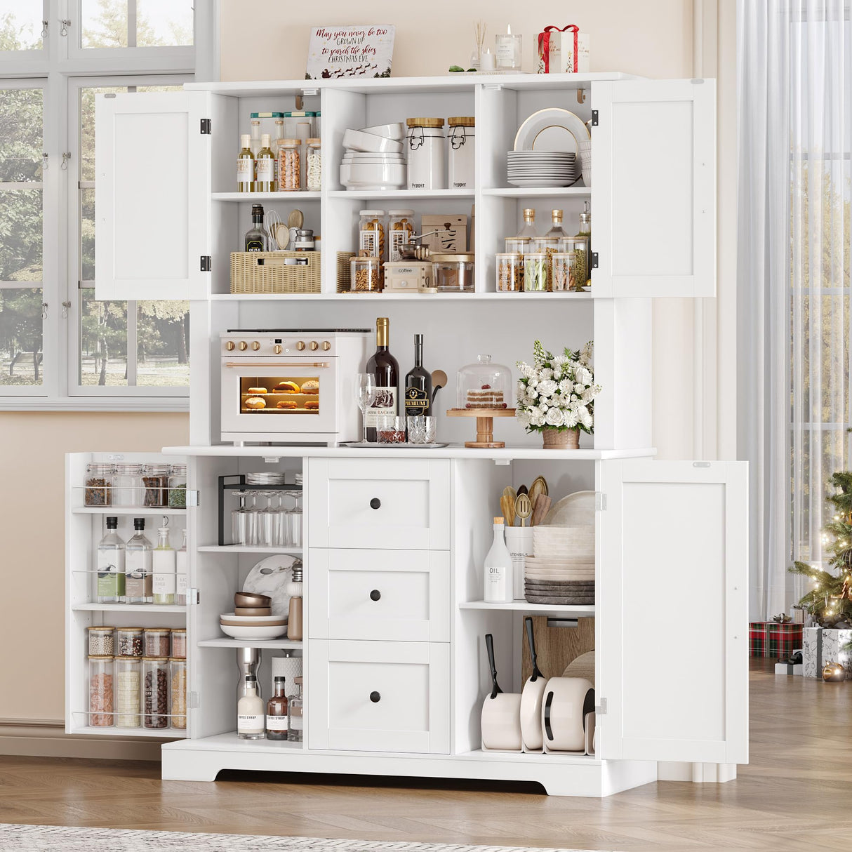 BOTLOG 68" Tall Kitchen Pantry Cabinet with Microwave Stand, Kitchen Hutch Cabinet with Door Shelves, Farmhouse Freestanding Food Pantry for Living Room, Dining Room, White BOTLOG