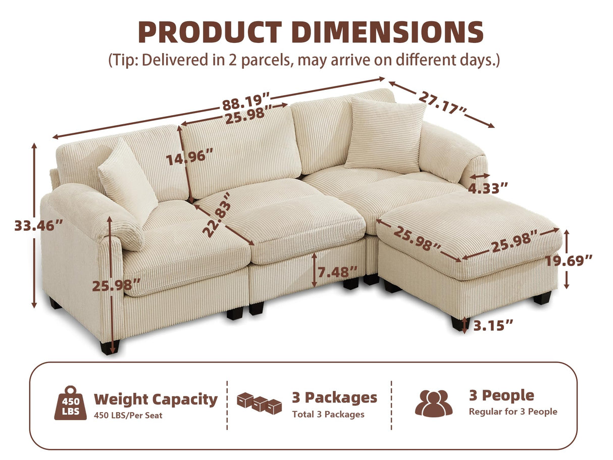 BINGTOO Beige Modular Sectional Sofa with Movable Ottoman, 90” L Shaped Comfy Cloud Couch with 2 Pillows, 3-Seater Deep Seat Sofa for Living Room or Apartment, Beige BINGTOO