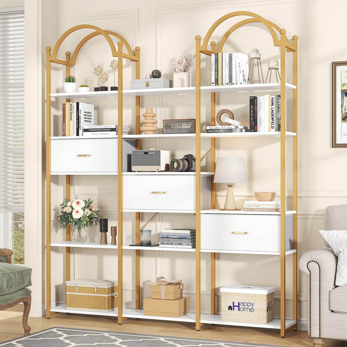 Semoic 83.5" Tall Arched Bookshelf, Triple Wide 6-Tier Large Open Book Shelf with 3 Drawers Storage, Etagere Bookcase with Display Shelf, Industrial Bookshelf with Metal Frame for Living Room, Gold Semoic