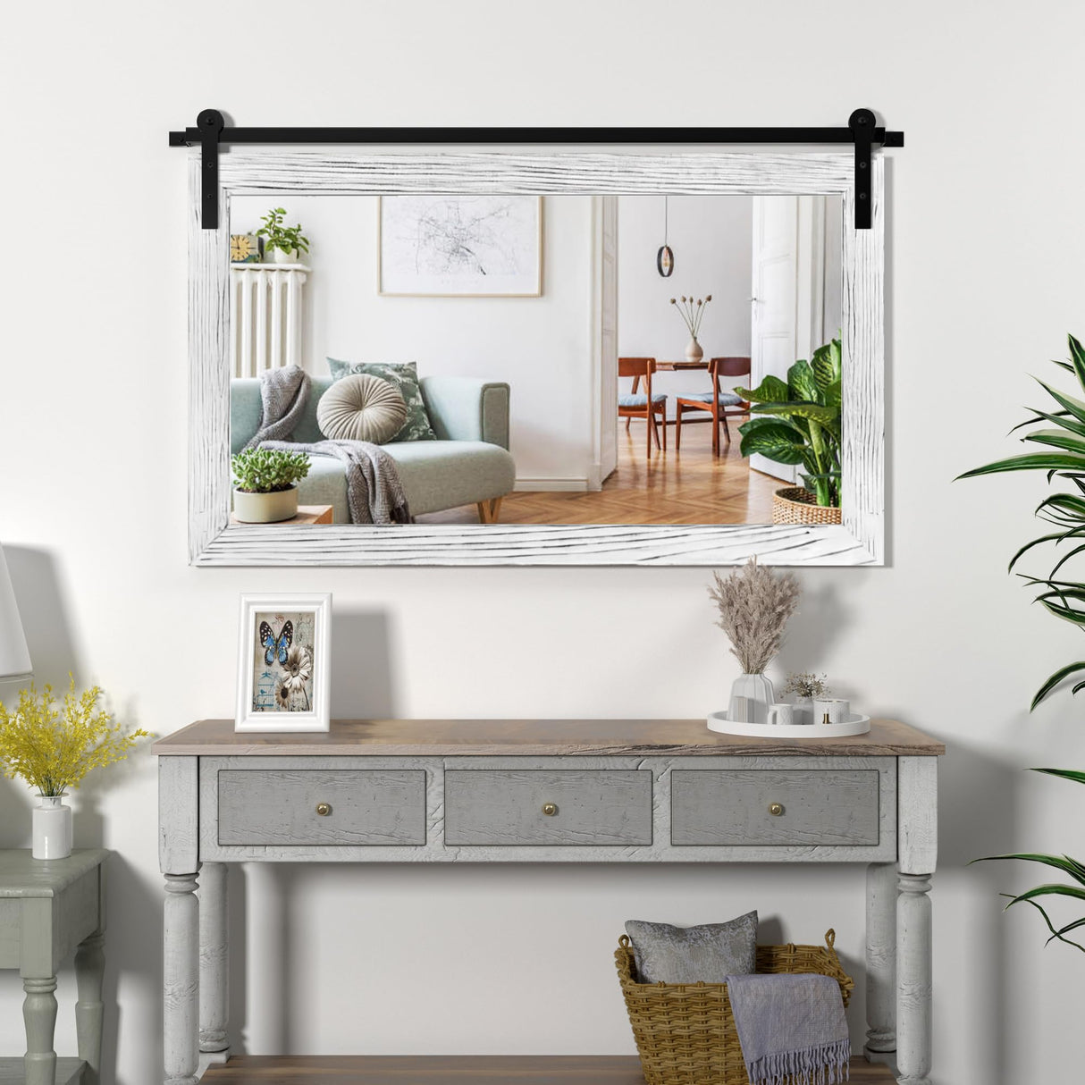 COGOOD Farmhouse Barn Door Mirror - 41" x 26" Rustic Wood Framed Wall Mirror for Bathroom, Living Room, Bedroom Wall Decor (White) COGOOD