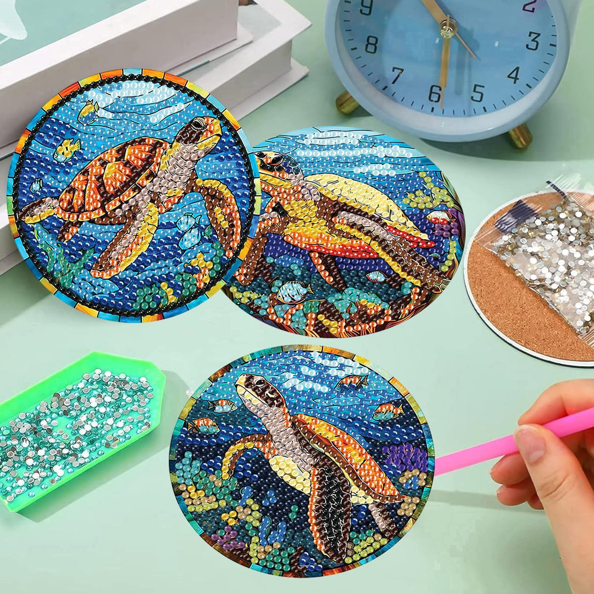 mrpwnle 8 Pack Turtle Diamond Art Coasters Kits, Sea Turtle Diamond Painting Coasters Kits Set with Holder Cork Pads, DIY Diamonds Art Non Slip Coaster Crafts Supplies Kit mrpwnle