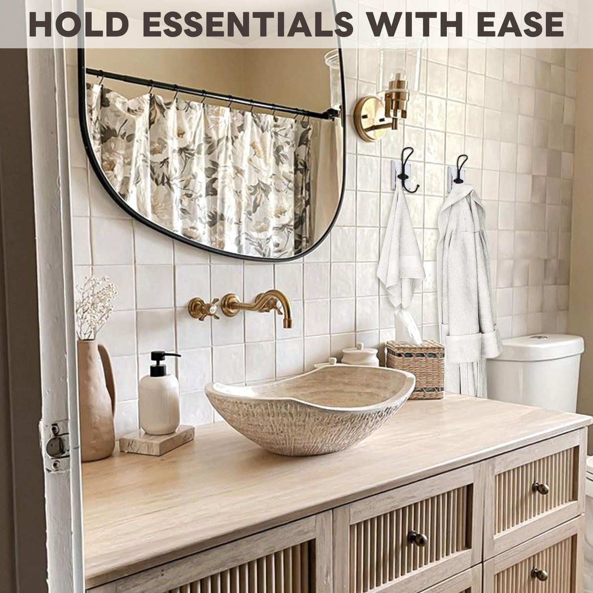 Rzoklot 2-Pack Rustic Wood Wall Hooks - Wall Mounted or Adhesive Coat Rack for Bathroom Towels Robes - Farmhouse Modern Decorative Entryway Hangers for Hats Keys Purses Bags, White Rzoklot