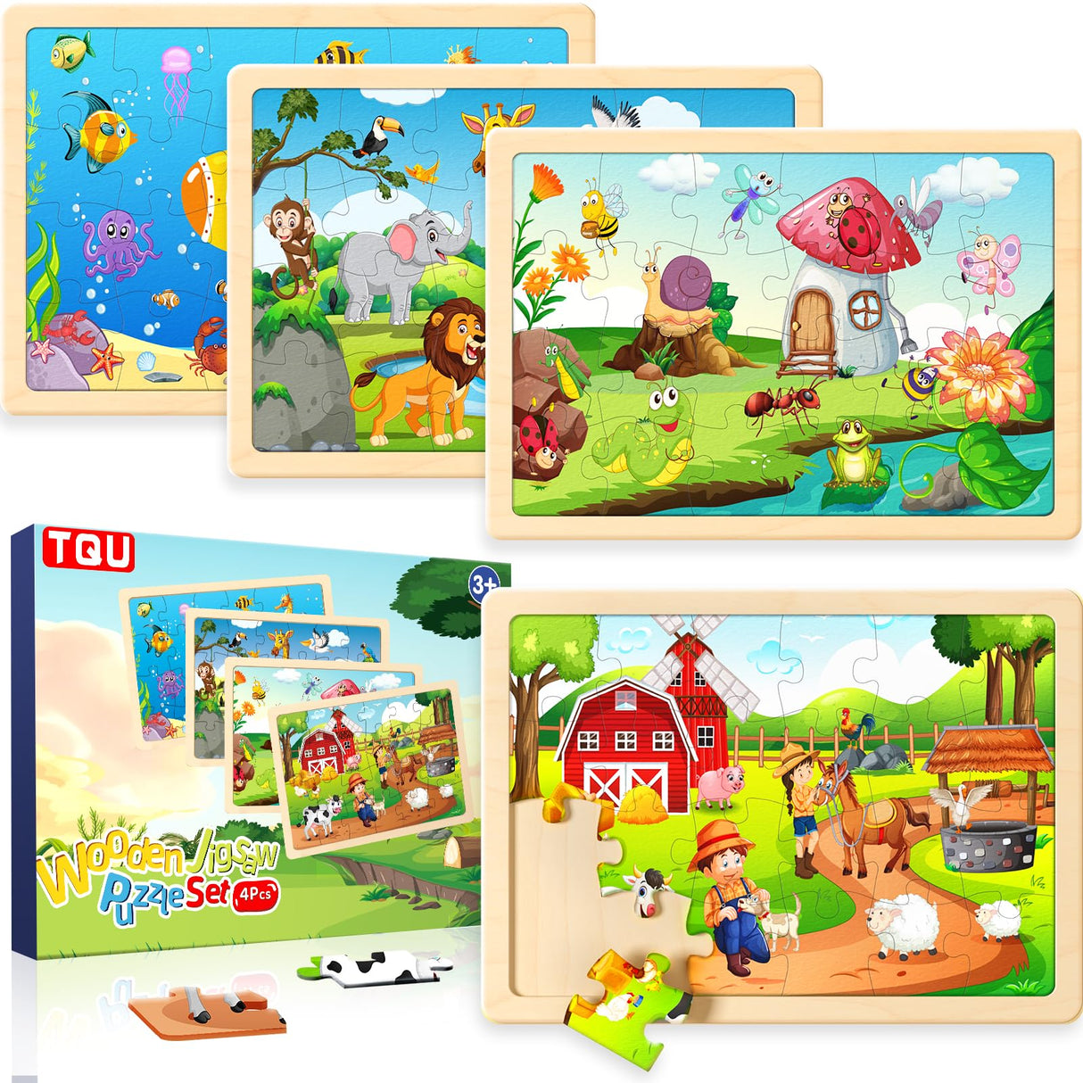 TQU Wooden Puzzles Toys for Kids Ages 4-6 3-5, Set of 4 Packs with 24-Piece, Farm, Zoo, Insects, Sea Animals Wood Jigsaw Puzzles, Preschool Educational Brain Teaser Toys TQU