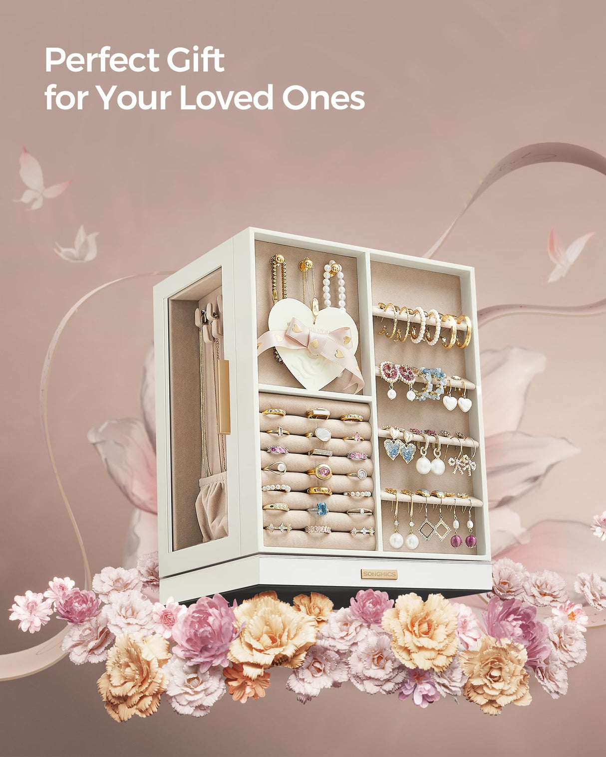 SONGMICS Jewelry Box 360° Rotating, Jewelry Storage Case with 5 Drawers, Jewelry Organizer, Glass Window, Spacious, Vertical Jewelry Storage, Open Design, Great Gift, Cloud White UJBC170W01 SONGMICS