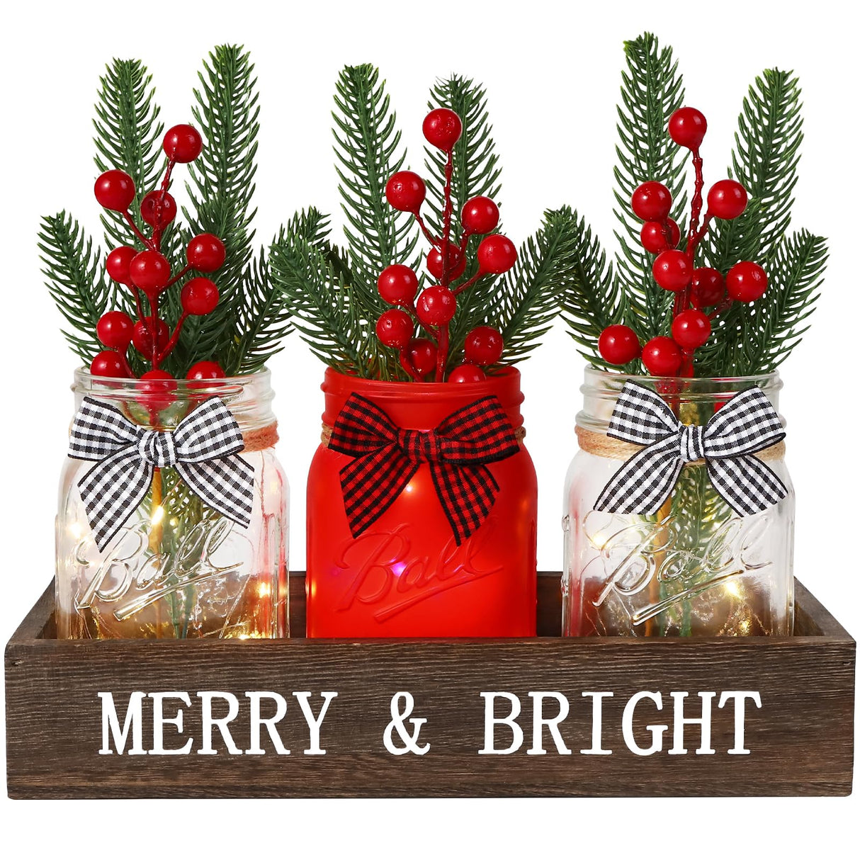 DIYDEC 3PCS Christmas Mason Jars 3*5Inch lighting Painted Xmas Tiered Tray Decorative Jars with Wood Tray &Artificial Flowers Wishing Bottles for Winter Holiday Home Table Centerpiece Decor Gift (Red) DIYDEC