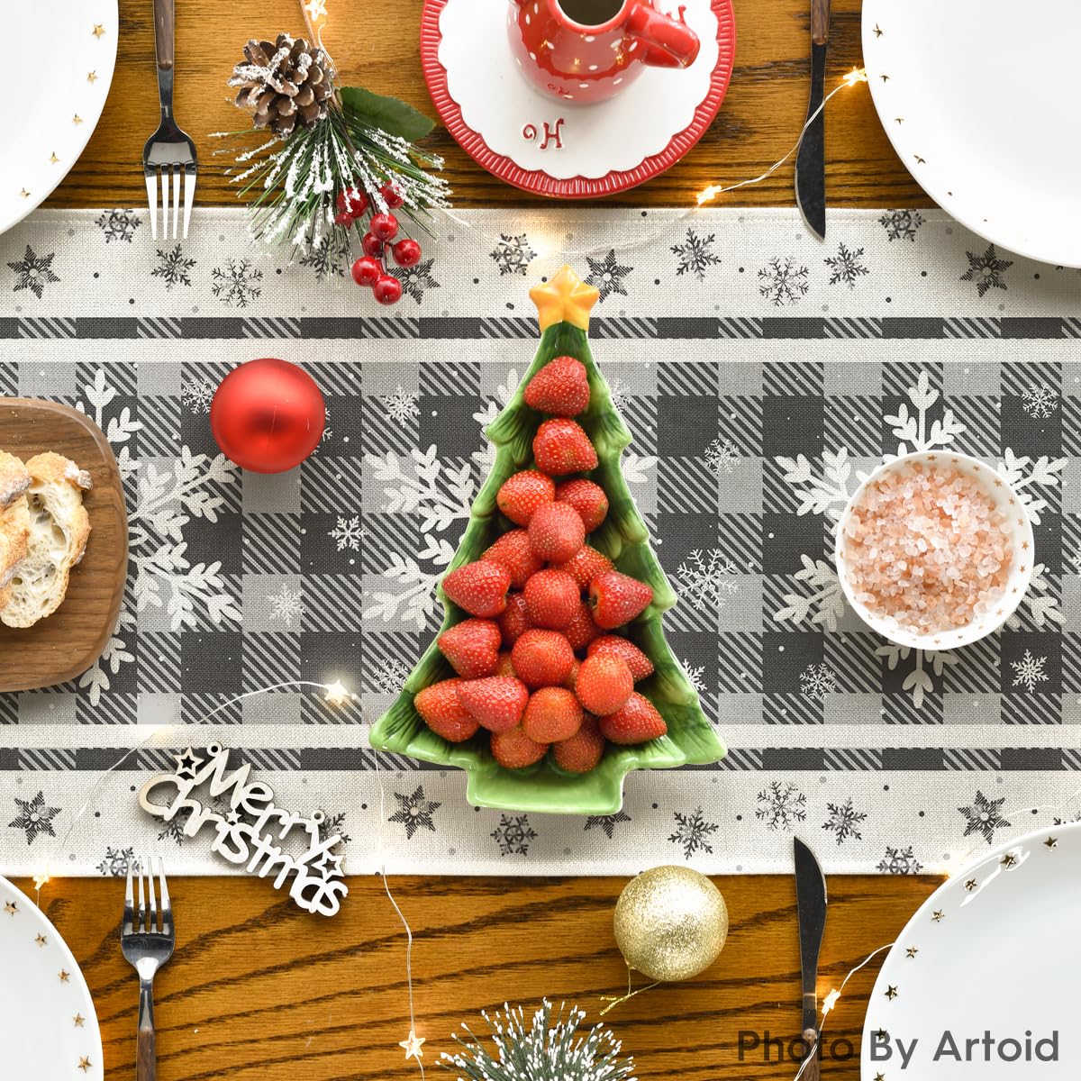 Artoid Mode Grey Buffalo Plaid Snowflakes Christmas Table Runner, Seasonal Winter Kitchen Dining Table Decoration for Home Party Decor 13x72 Inch Artoid Mode