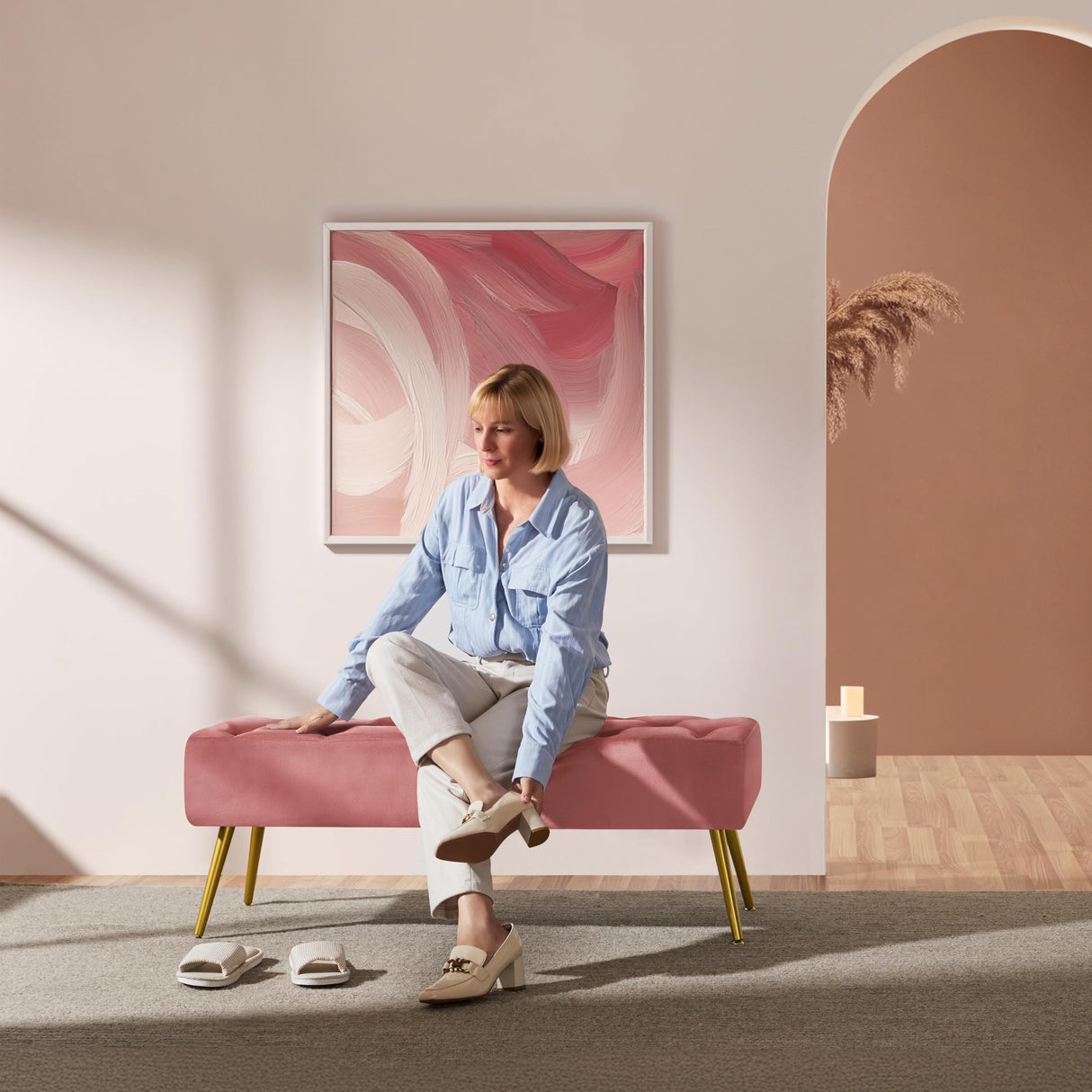 Yaheetech Modern Ottoman Bench Velvet Bench Upholstered Footrest for Living Room with Gold Metal Legs and Padded Seat Pink Yaheetech