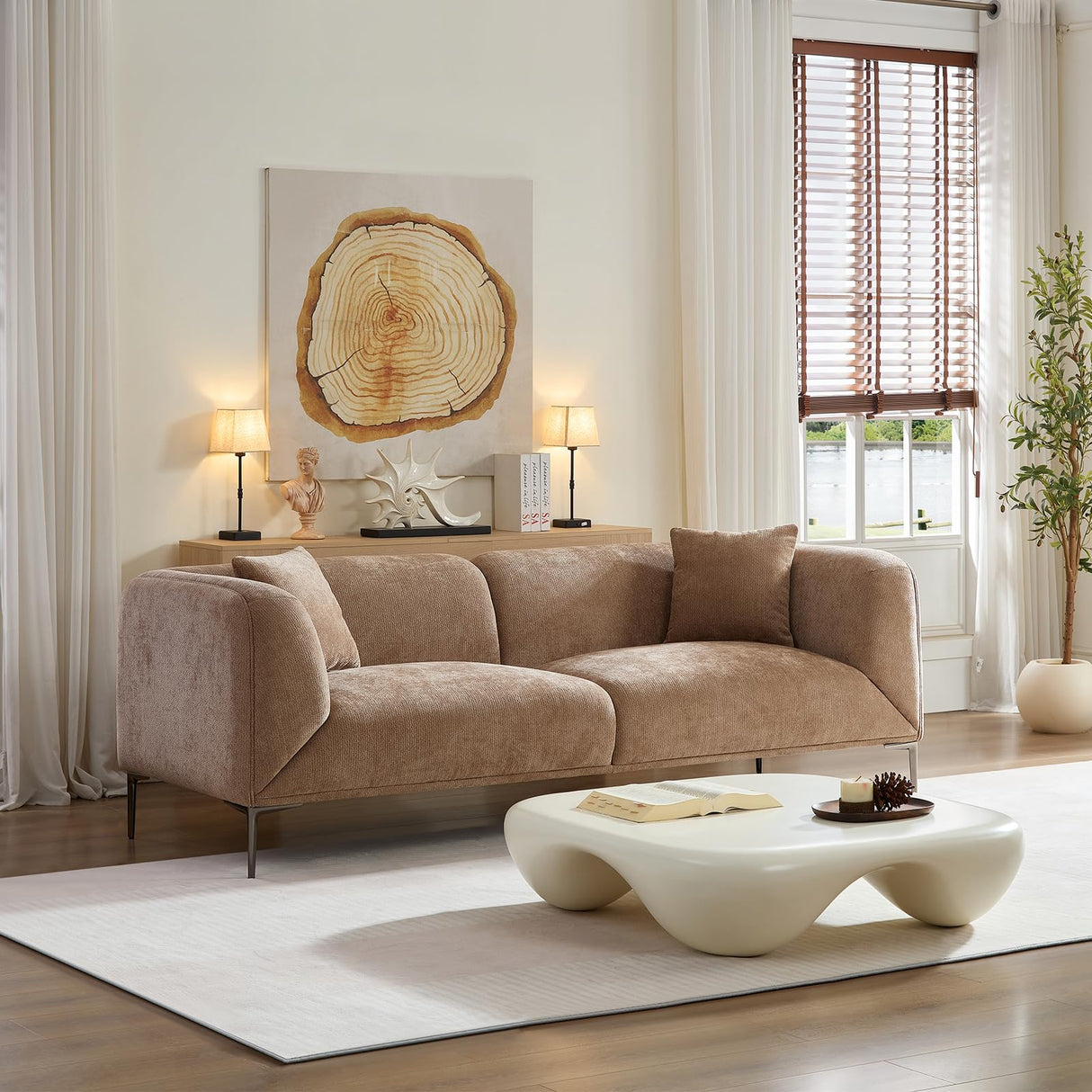 YOPENG 82" Modern Sofa 3-Seater Upholstered Couch with Metal Legs, Luxury Comfy Tuxedo Sofas, Soft Boucle Loveseat Minimalist Curved Couches for Living Room Bedroom Home Office Apartment, Camel YOPENG