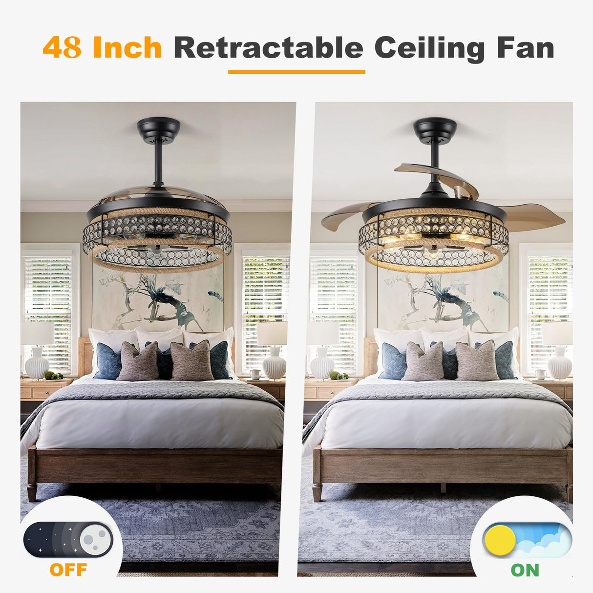 48 Inch Retractable Ceiling Fans with Lights and Remote, Industrial Black Fandelier with 3 Retractable ABS Blades, Invisible Crystal Chandelier Fan for Bedroom Living Room Dining Room (Hemp Rope) Oiotwo