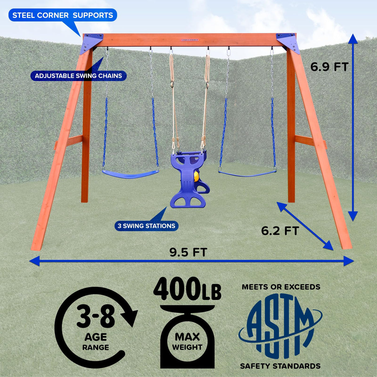Sportspower™ Madison Wooden Swing Set: 2 Height Adjustable Swings and 2 Person Roman Glider Swing, Backyard Outdoor Playset for Kids Sportspower