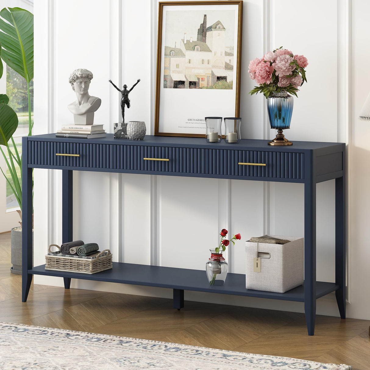 60" Modern Wooden Console Table Sofa Table with 3 Vertical Stripe Drawers, Open Bottom Shelf and Long Legs for Entryway, Hallway, Living Room, Foyer, Corridor (Navy Blue-04) HZSMHDZKJ
