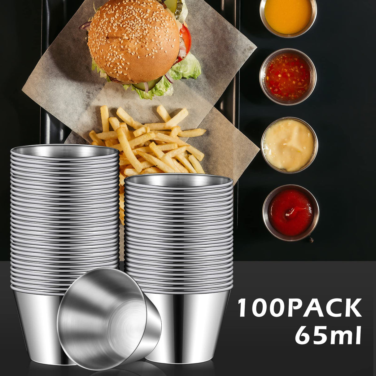 100 Pcs 2.5oz Stainless Steel Sauce Cups Dipping Cups Mental Condiment Cups Sauce Container Round Dipping Bowls Condiment Ramekins for Dish Butter Kitchen Restaurant Serving Party Dinner Cooking Mimorou